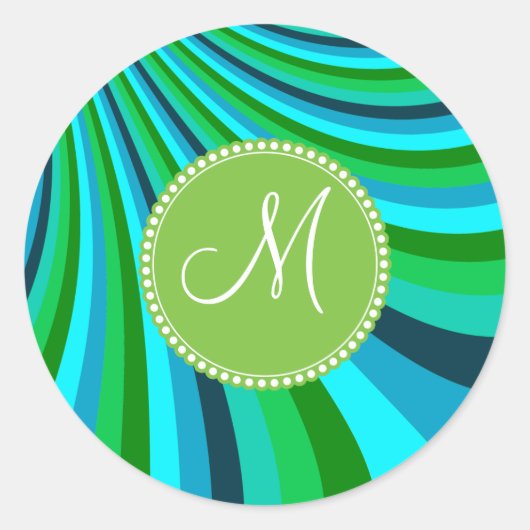 Monogram Groovy Blue Green Rainbow Slide Stripes Ronde Sticker (Voorkant)