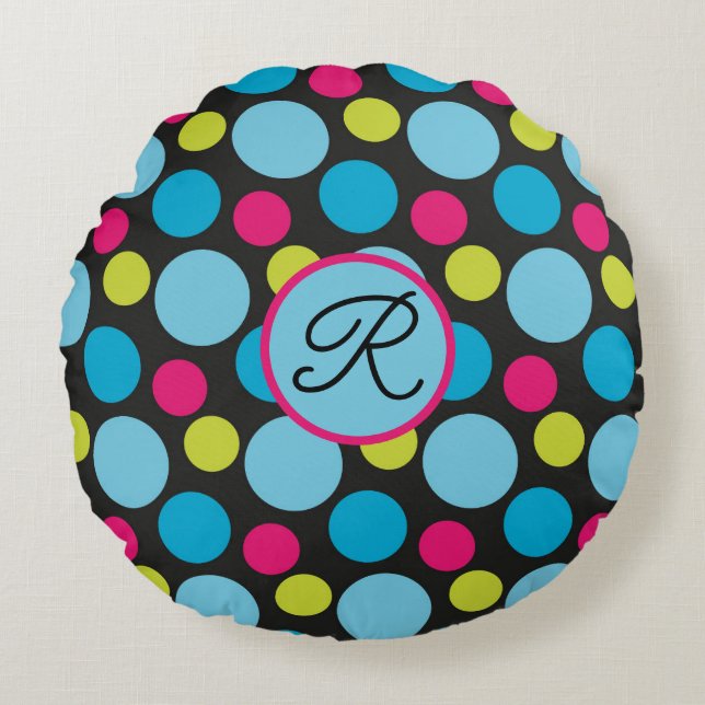 Monogram Grote Stippen Patroon Kleurrijk, Heet Roz Rond Kussen (Voorkant)