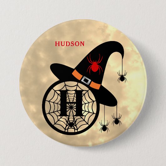 Monogram H Halloween Sky Witch Spiders Name Button (Voorkant)