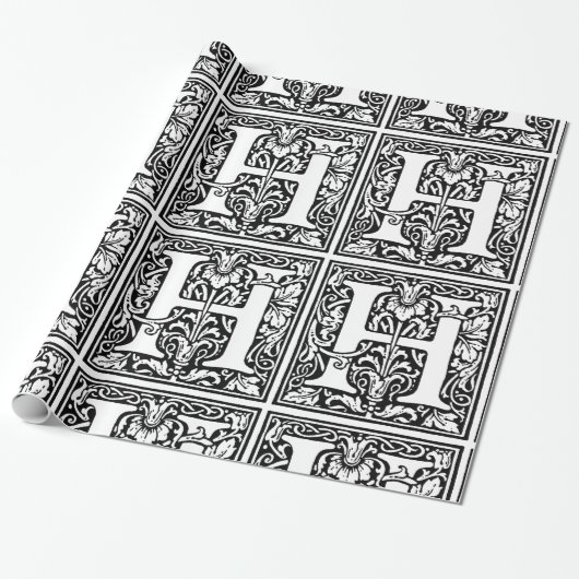 Monogram H Initiaal Black en White Floral Pattern Cadeaupapier (Uitgerold)