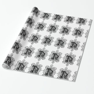Monogram H Initiaal Black en White Floral Pattern Cadeaupapier
