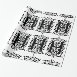 Monogram H Initiaal Black en White Floral Pattern Cadeaupapier
