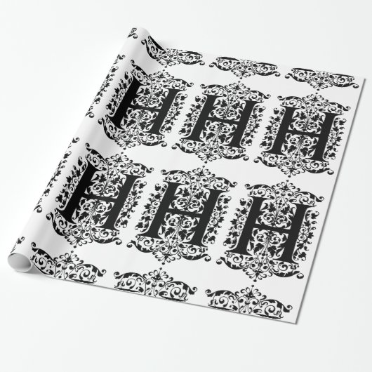 Monogram H Initiaal Black en White Floral Pattern Cadeaupapier (Uitgerold)