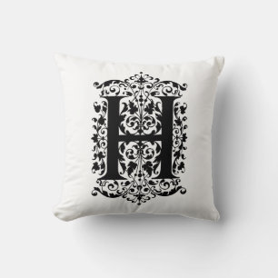 Monogram H Initiaal Black en White Floral Pattern Kussen