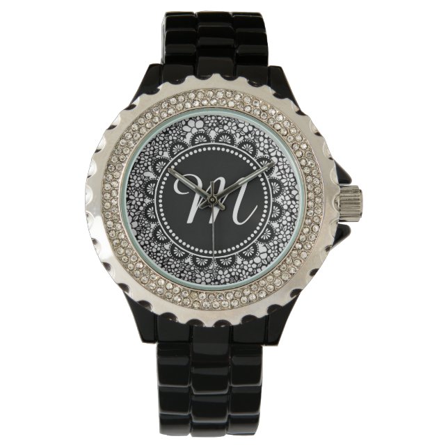 Monogram handgetekend zwart-wit bloempatroon horloge (Voorkant)