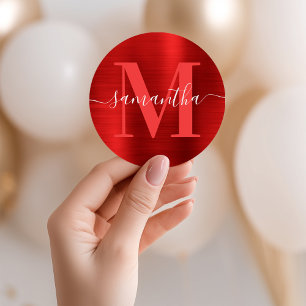 Monogram handtekening rode folie ronde sticker