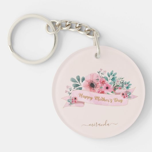 Monogram Happy Moederdag Pink Floral Sleutelhanger (Voorkant)