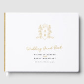 Monogram hart crest hand getekende witte bruiloft gastenboek (Voorkant)