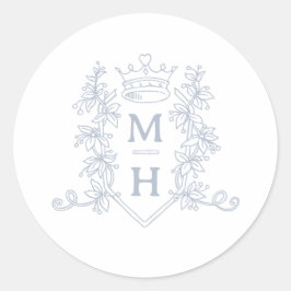 Monogram hart kroon kuif zilveren bruiloft ronde sticker