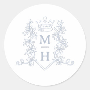 Monogram hart kroon kuif zilveren bruiloft ronde sticker