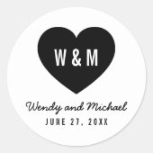 Monogram hart Moderne bruiloft Opslaan Datum Ronde Sticker (Voorkant)