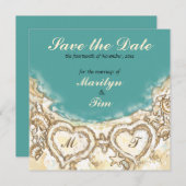 Monogram hart op strand sparen de Datum Save The Date (Voorkant / Achterkant)
