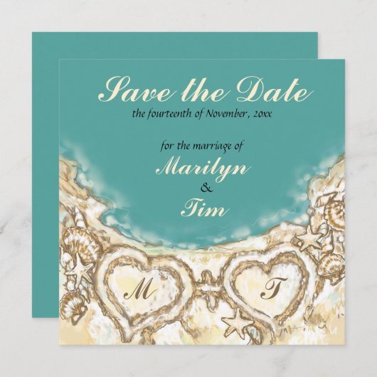 Monogram hart op strand sparen de Datum Save The Date (Voorkant / Achterkant)