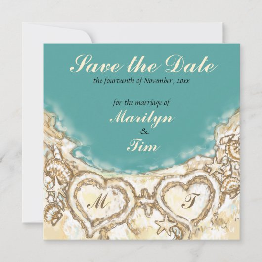 Monogram hart op strand sparen de Datum Save The Date (Voorkant)