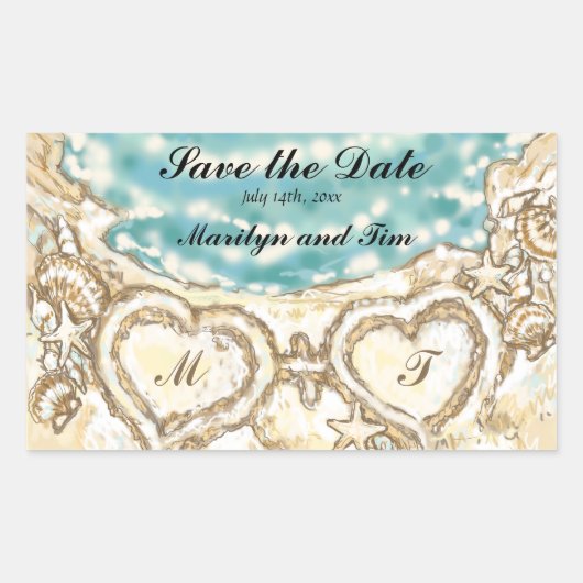 Monogram Harten op het strand Save the Date Rechthoekige Sticker (Voorkant)