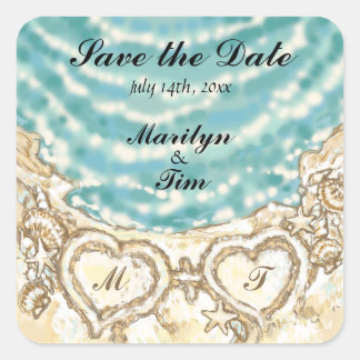 Monogram Harten op het strand Save the Date Vierkante Sticker
