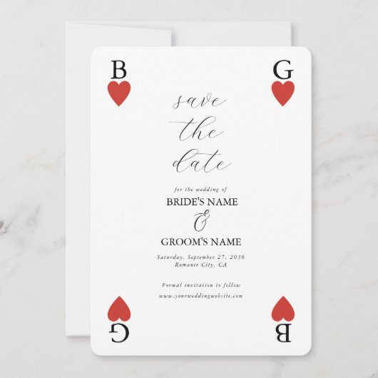 Monogram Harten Spelen Kaart Bruiloft Save the Dat (Voorkant)
