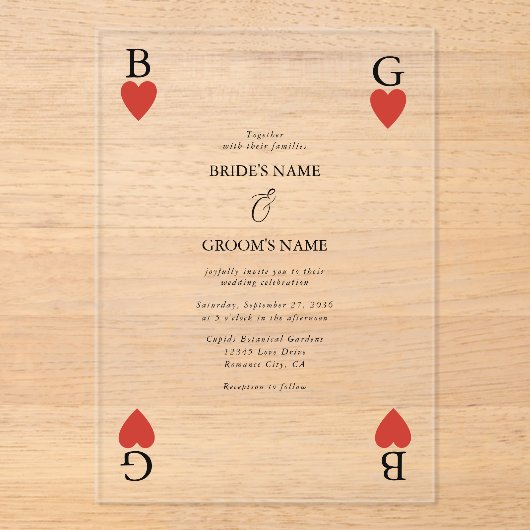 Monogram harten spelen Kaart bruiloft uitnodiging Acryl Uitnodigingen (Voorkant)