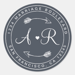 Monogram Hartpijl Blauw Bruiloft Retouradres Ronde Sticker