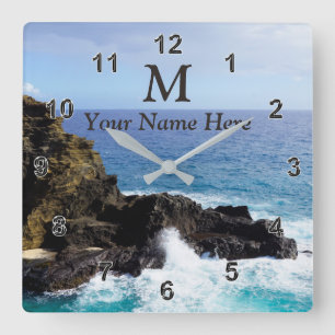 Monogram Hawaiian Ocean Clock Jouw naam, Foto Vierkante Klok