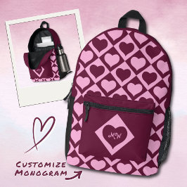 Monogram Heart Checkerboard Pattern Bordeaux Pink  Bedrukte Rugzak