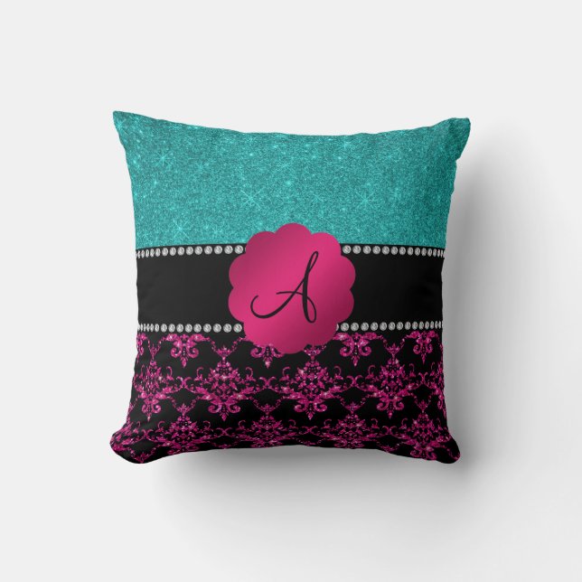 Monogram heet roze glitter damask turkooise glitte kussen (Voorkant)