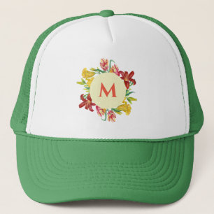 Monogram helder lentebloemen krans illustratie trucker pet
