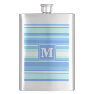 Monogram hemelblauwe strepen heupfles