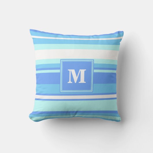 Monogram hemelblauwe strepen kussen (Voorkant)