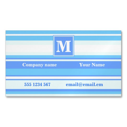 Monogram hemelblauwe strepen magnetisch visitekaartje (Voorkant)