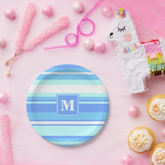 Monogram hemelblauwe strepen papieren bordje (Feest)