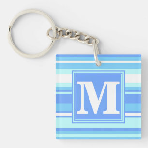 Monogram hemelblauwe strepen sleutelhanger