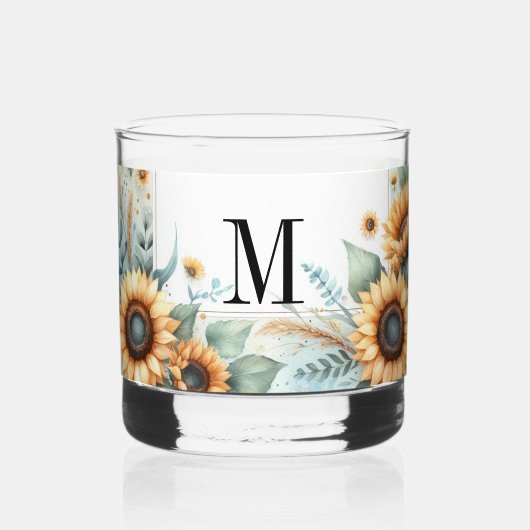 Monogram Herfst bloemen en zonnebloemen waterverf Whisky Glas (Achterkant)