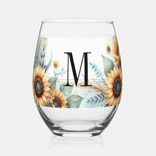Monogram Herfst bloemen en zonnebloemen waterverf Wijnglas Zonder Voet