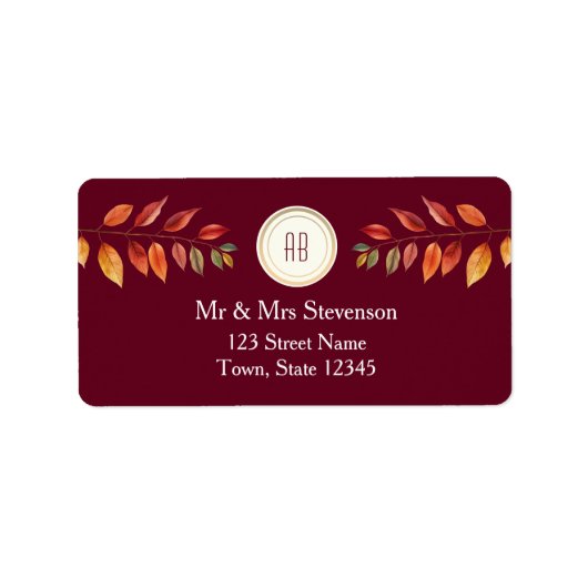 Monogram Herfst Bruiloft Retouradres Etiket (Voorkant)
