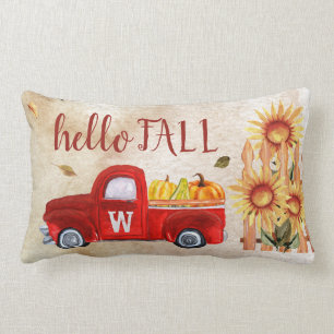 Monogram Herfst is hier Red Truck Pumpkin Sunflowe Kussen