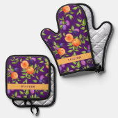 Monogram Herfst Peache Plum Paarse Groen Schattige Ovenwant & Pannenlap Set (Voorkant / Achterkant)