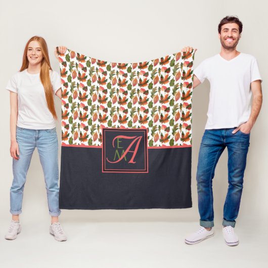Monogram herfstbladeren blauw oranje herfst decor fleece deken (In situ)