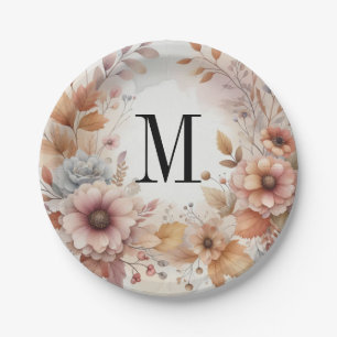 Monogram herfstbladeren en bloemen aquarel papieren bordje