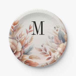 Monogram herfstbladeren en bloemen aquarel  papieren bordje