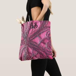 Monogram hete roze elegante bloemenprint borduurwe draagtas