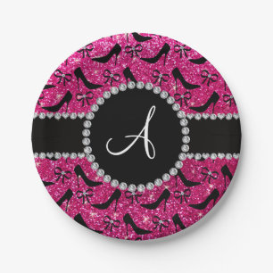 Monogram hete roze glitter zwarte heupstrik papieren bordje