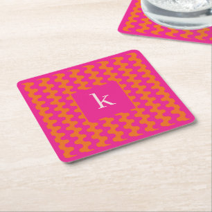 Monogram hete roze oranje vet golfpatroon vierkante kartonnen onderzetter