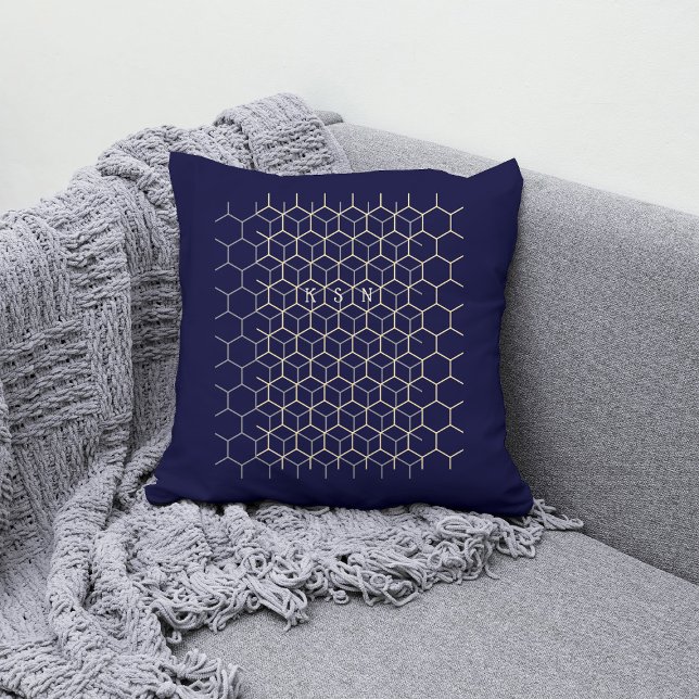 Monogram hexagon patroon donkerblauwe geek initial kussen (Creator heeft geüpload)