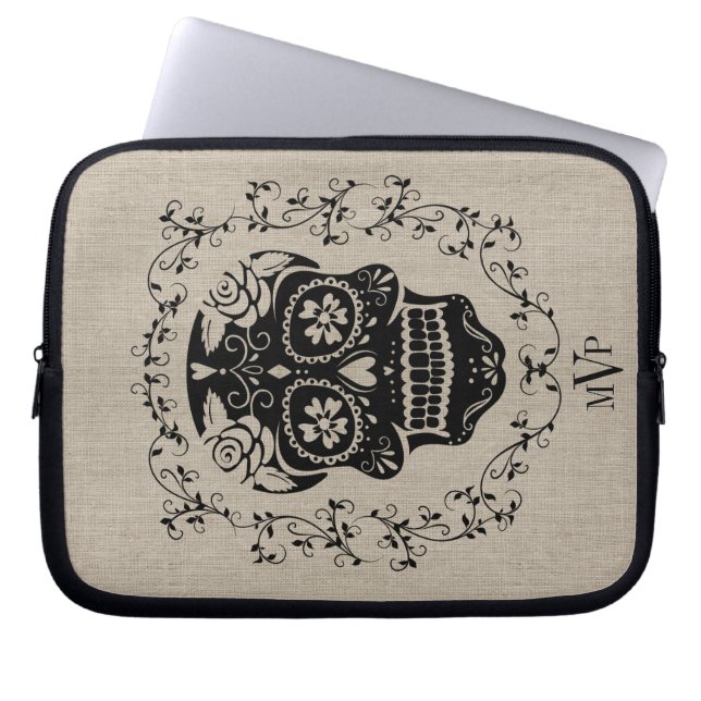 Monogram Hipster Black Sugar Skull Burlap Laptop Sleeve (Voorkant)