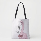 Monogram. Hipster Flamingo met Fancy Bow Stropdas. Tote Bag (Voorkant)