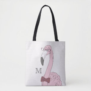 Monogram. Hipster Flamingo met Fancy Bow Stropdas. Tote Bag