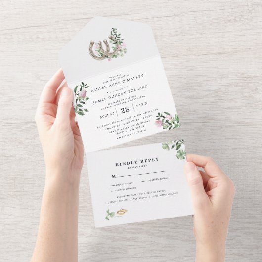 Monogram | Hoefijzers botanische bruiloft All In One Uitnodiging (Afscheurbaar)