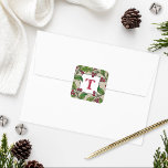 Monogram Holiday Sticker | Holly Wreath<br><div class="desc">Stylish Christmas favor sticker design features a frame of hand-drawn holly berry branches in traditional red and green colors with a rustic linen style background. Personalize the letter with your last name initial.</div>