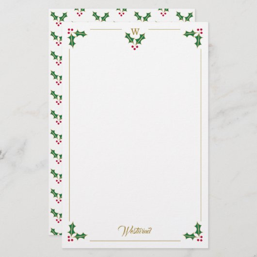 Monogram Holly en bessen gepersonaliseerde kerst Briefpapier (Voorkant / Achterkant)